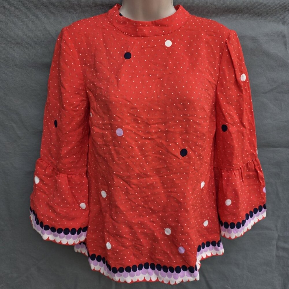 Boden W0090 Red White Blue Polka Dot Shirt Top Blouse Bell Sleeves Sz 2 Armelle